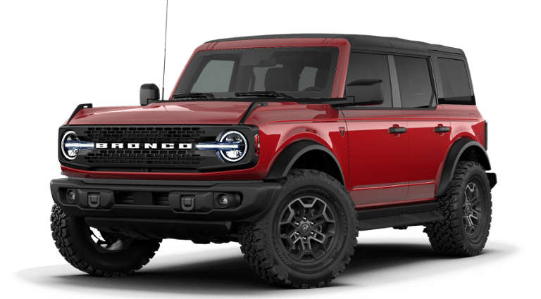 2026 Ford Bronco BADLANDS 4 DOOR ADVANCED in Ruby Red Met Tntd Clearco — front three-quarter view