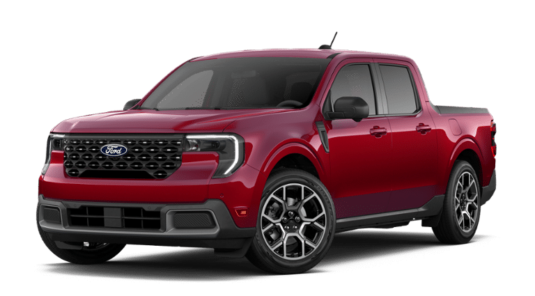 2026 Ford Maverick LARIAT AWD in Ruby Red Metallic Tinted — front three-quarter view